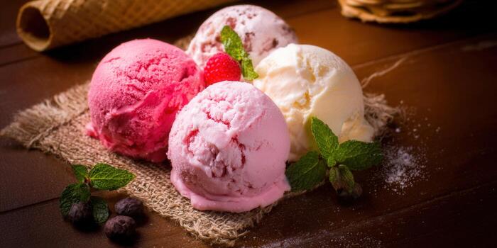 An assortment of colorful ice cream scoops, ready to enjoy, perfect for summer. photo