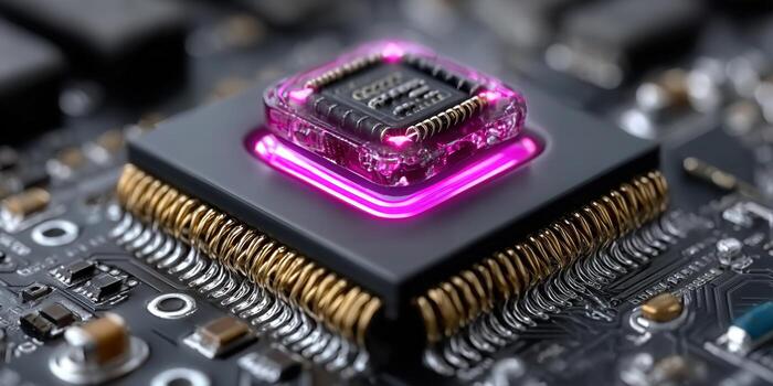 Intricate details of a modern CPU, lit with a vibrant pink neon glow, showcasing technology. photo