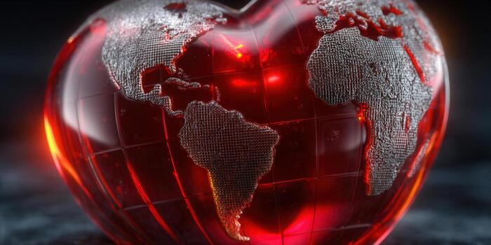 This captivating image shows a heart-shaped globe radiating a rich red glow, representing global love. photo