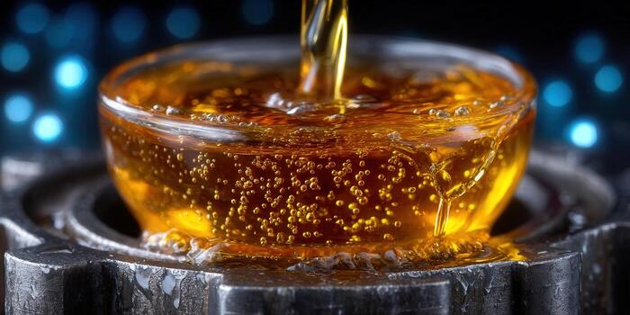 Golden liquid cascades into a glass bowl, creating a mesmerizing display of bubbles and texture. photo