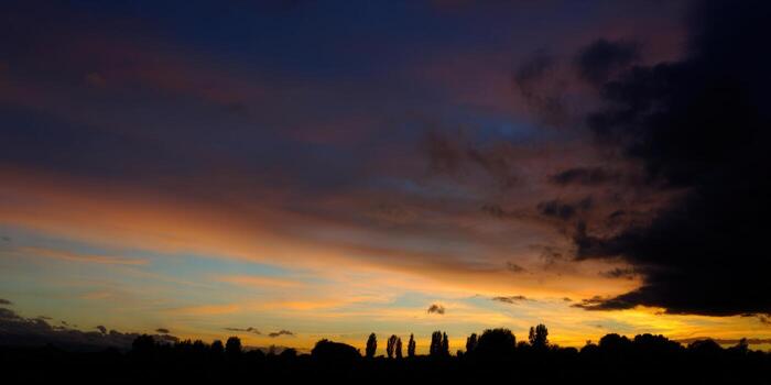 The sky bursts with color as the sun sets, casting shadows over the trees in a stunning view. photo
