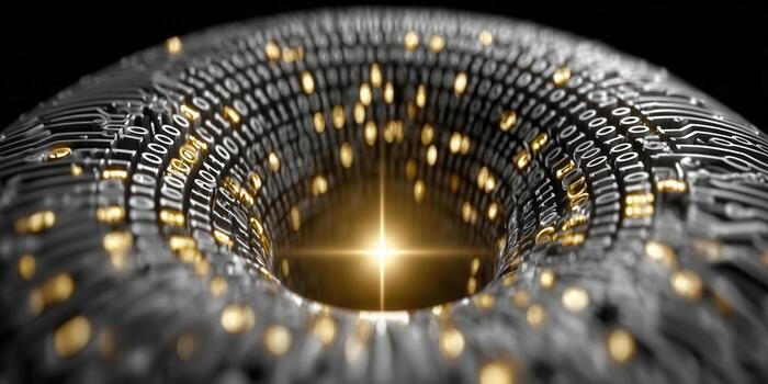 Digital wormhole illustration with binary code and golden glowing elements in a creative art style. photo