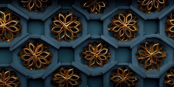 Gold floral pattern in relief with a teal backdrop for a luxurious design. photo