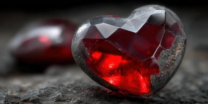 A captivating red ruby gemstone in the shape of a heart rests on a textured surface. photo