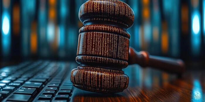 The gavel on the keyboard represents cyber law and digital justice in a modern context. photo