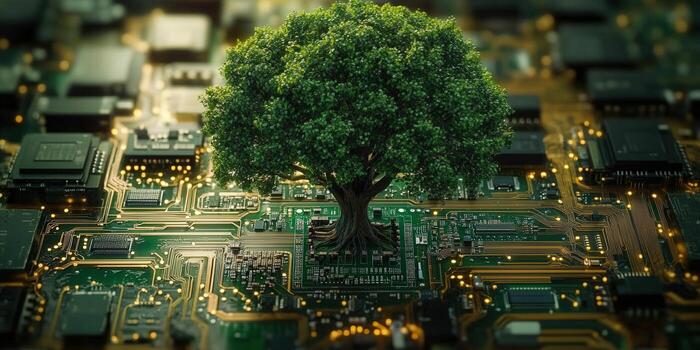 A tree flourishes from a computer circuit board, blending nature and technology beautifully. photo