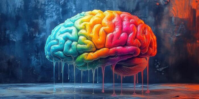 A colorful brain with dripping fluid, representing creative thinking and ideas. photo