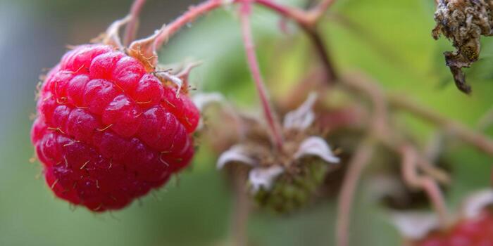 Close-up of a ripe, juicy raspberry, perfect for a summer treat, with vibrant red color. photo