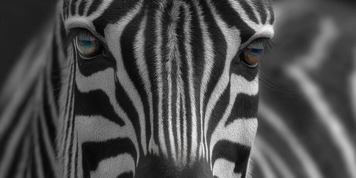 Captivating close-up of a zebra's eyes, highlighting intricate details and stunning patterns. photo
