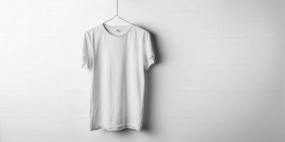 un blanco blanco camiseta colgando en un percha, Listo para tu diseño o marca. foto