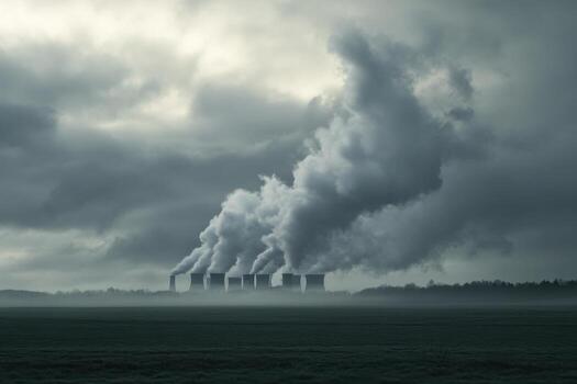 A large group of smoke stacks coming out of a power plant photo