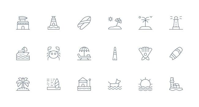 Coastal Design Icons featuring 18 in Minimal Line Style Multi-Style Icon Collection vector