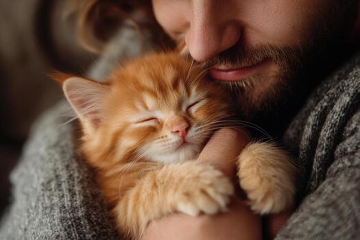 A man with a beard and a cat are hugging photo