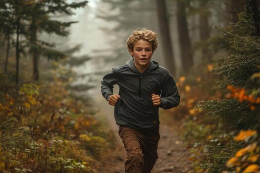 A boy running in the woods photo