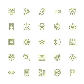 Eye Design Icons featuring 25 in Medium Stroke Outline Style Complete Icon Bundle for Web Design vector