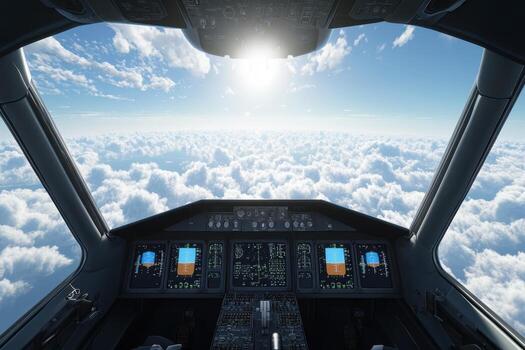 An airplane cockpit view with the sun shining through the clouds photo