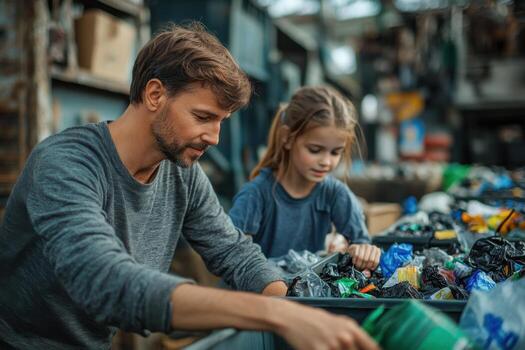 Father and daughter sorting plastic waste in recycling bin photo
