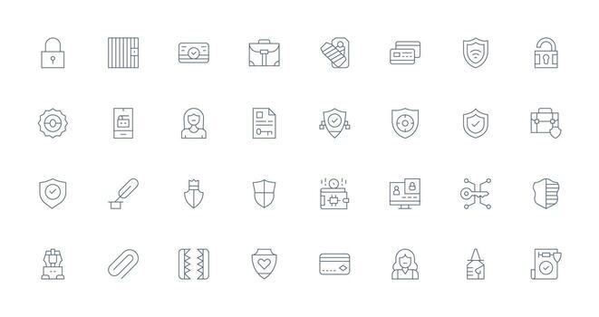 32 Delgado línea íconos para seguro gráficos núcleo icono colección para diario Tareas vector