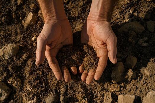 Hands holding soil in a field photo