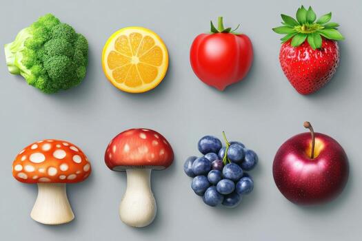 A variety of fruits and vegetables are arranged in a set photo