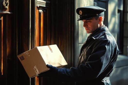 A man in a uniform is holding a box photo