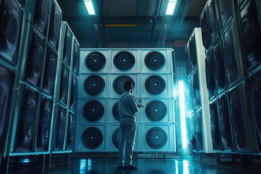 A man standing in front of a large room full of large speakers photo