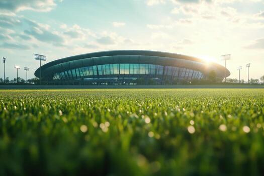 A stadium with grass and a sun setting photo