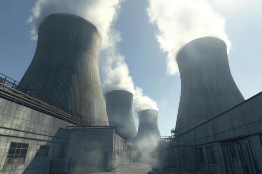 A large group of steam coming out of the chimneys photo