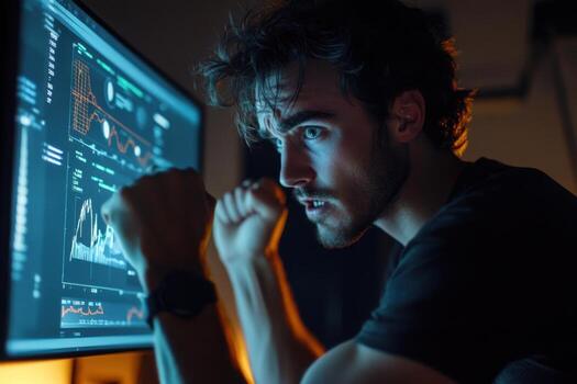 A man is looking at a computer screen with a graph on it photo