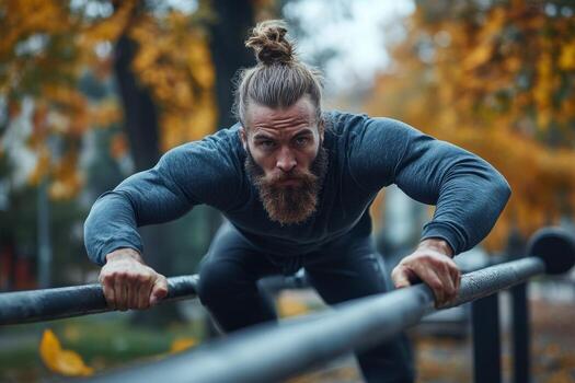 A man with a beard and a long ponytail is doing push ups on a rail photo