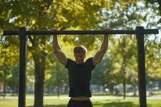 A man is doing pull ups on a bar in a park photo