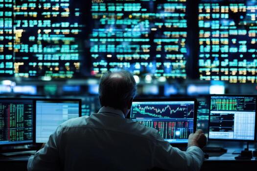 A man sitting at a desk in front of a computer screen photo