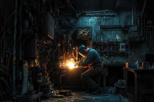 Welder in a dark workshop with a torch photo