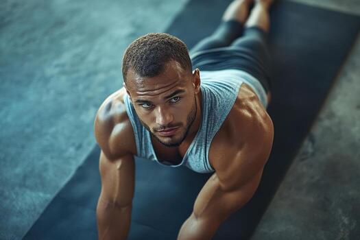 A man is doing a push up on a mat photo