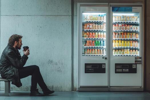 A man sitting on a bench next to a vending machine photo