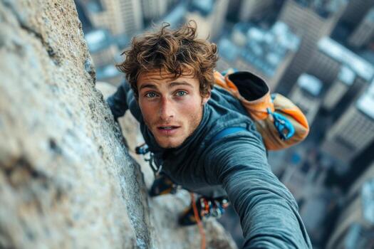 A man is climbing a mountain with a city in the background photo