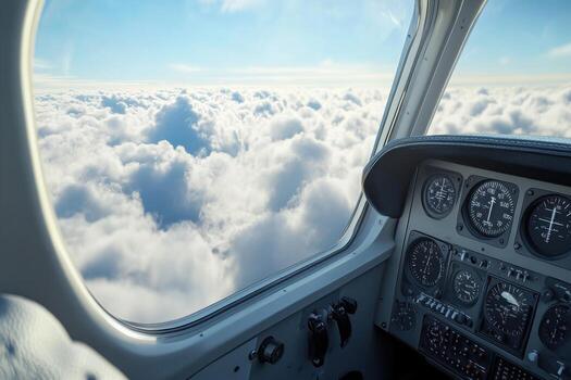 An airplane cockpit with a view of the sky photo