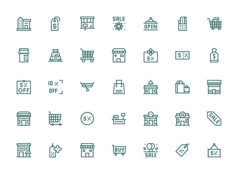 Retailer featuring 35 Icons in Regular Clean Line Design Icon Set for Projects vector