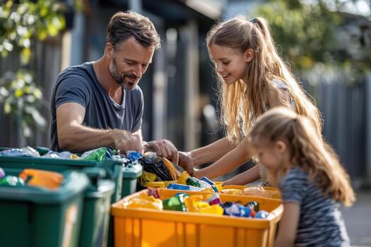 A man and two children are sorting trash in a bin photo