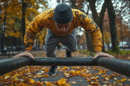 A man is doing push ups on a rail in the park photo