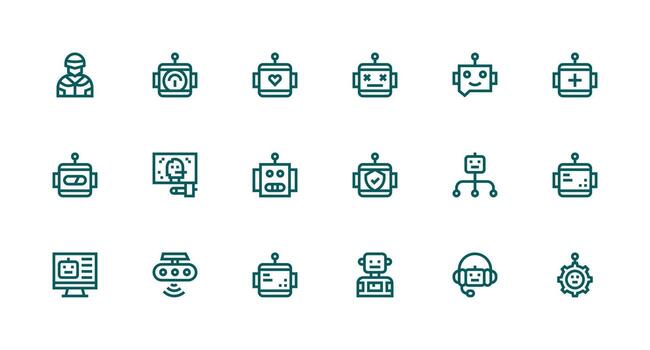 robot presentando 18 íconos en fuerte carrera línea diseño multi-estilo icono colección vector