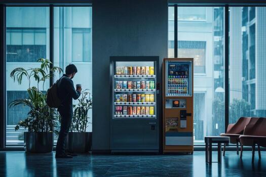 A man standing in front of a vending machine photo