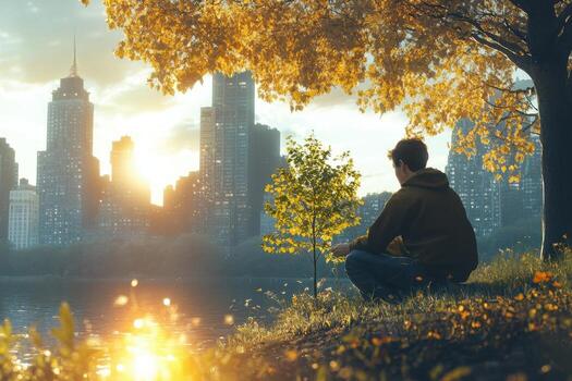 Man meditating in front of a cityscape at sunset photo