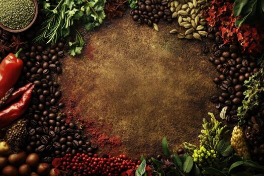 A circular frame with various spices and herbs photo