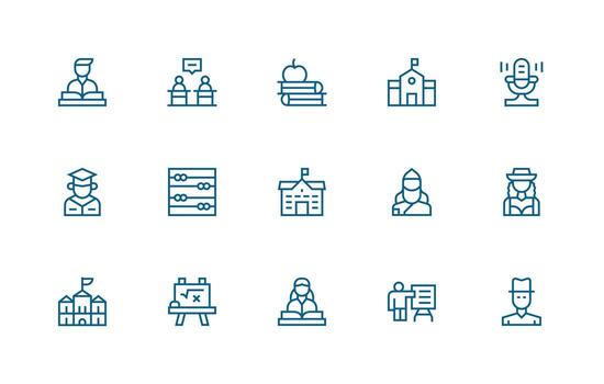 Teacher Icon Set with 15 Regular Line Graphics Balanced Icon Set for Functional Design vector