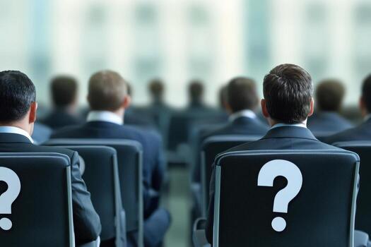 Business people sitting in chairs with question marks on them photo