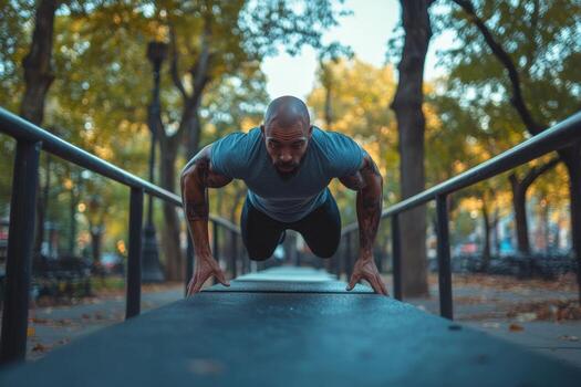A man doing push ups on a rail in the park photo