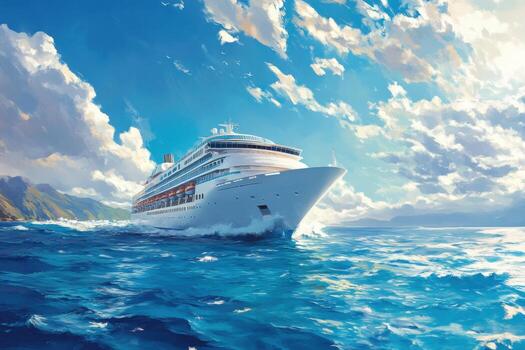 A cruise ship in the ocean with clouds in the background photo