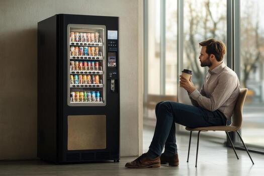 A man sitting in front of a vending machine photo