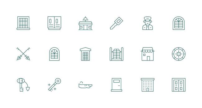 Door Design Icons featuring 18 in Minimal Line Style Quick Access Icons for UI Development vector